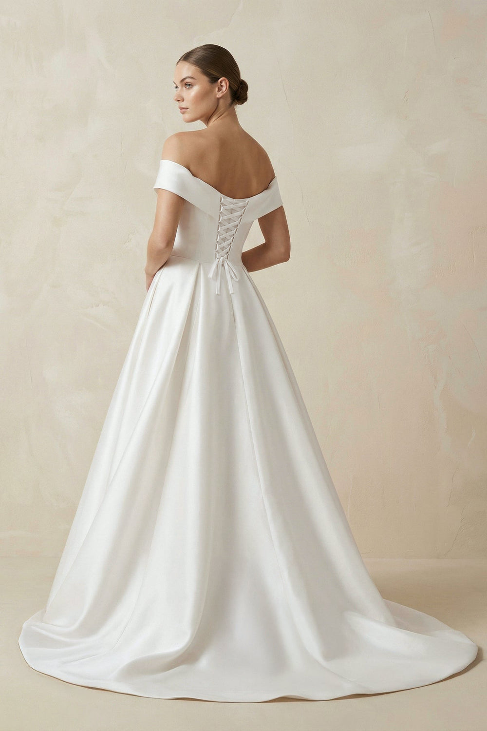 Off - the - shoulder A - Line Satin Wedding Dress - KissProm Wedding Dresses