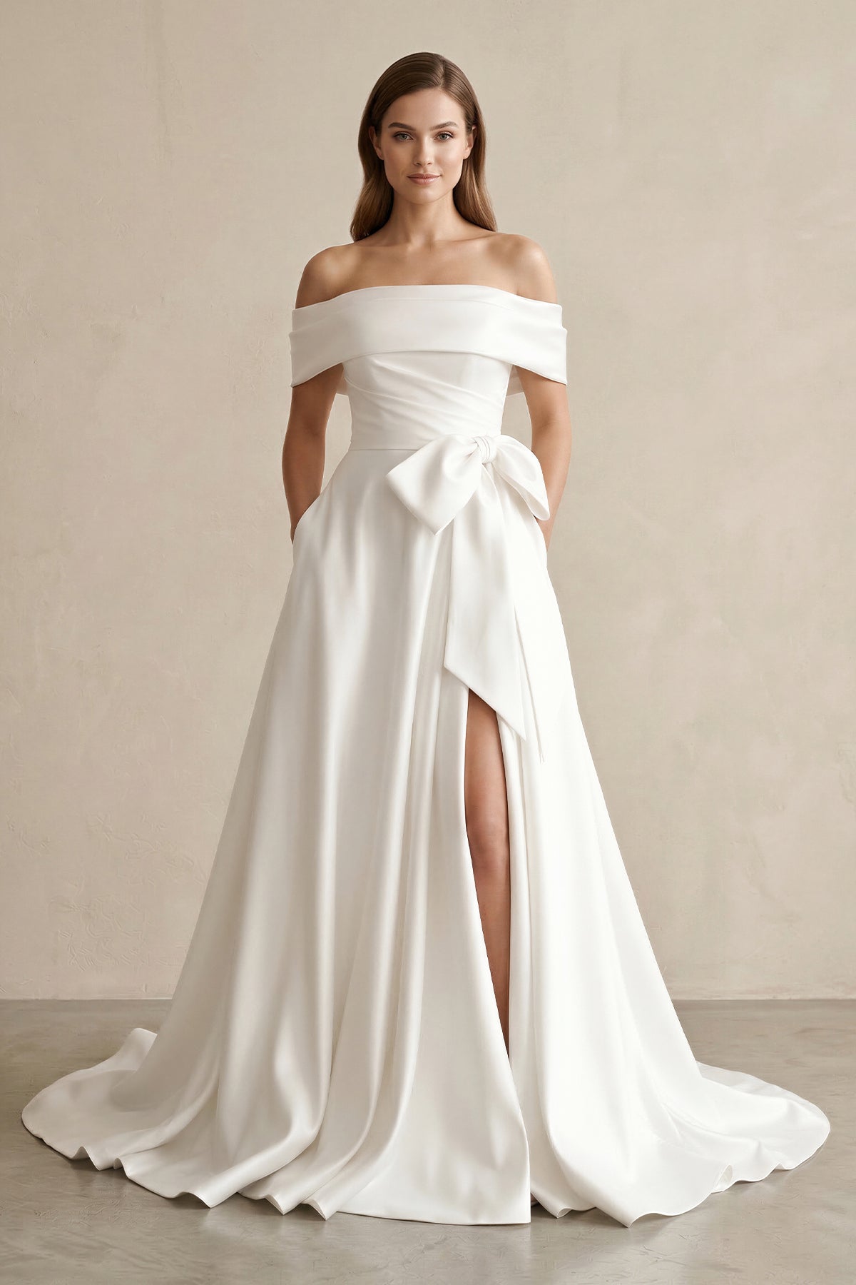 KissProm White Satin Off-the-Shoulder Bow A-Line Wedding Dress with Slit, Diamond White / 6