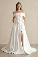 White Satin Off-the-Shoulder Bow A-Line Wedding Dress with Slit – Wedding Dresses by KissProm | Available at KissProm