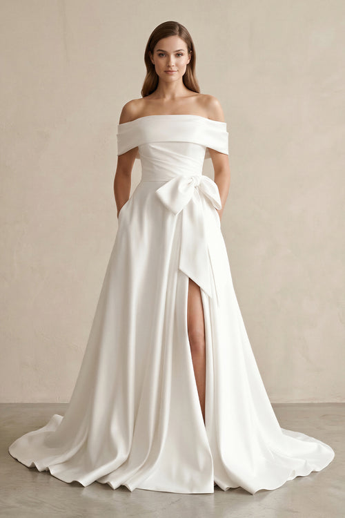 White Satin Off-the-Shoulder Bow A-Line Wedding Dress with Slit – Wedding Dresses by KissProm | Available at KissProm