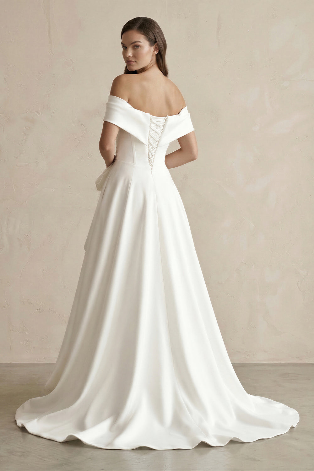 White Satin Off-the-Shoulder Bow A-Line Wedding Dress with Slit – Wedding Dresses by KissProm | Available at KissProm