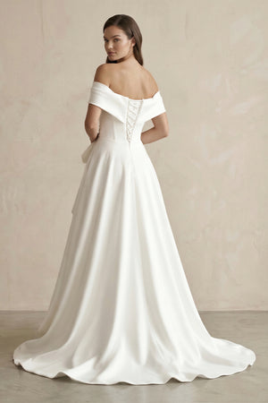 White Satin Off-the-Shoulder Bow A-Line Wedding Dress with Slit – Wedding Dresses by KissProm | Available at KissProm