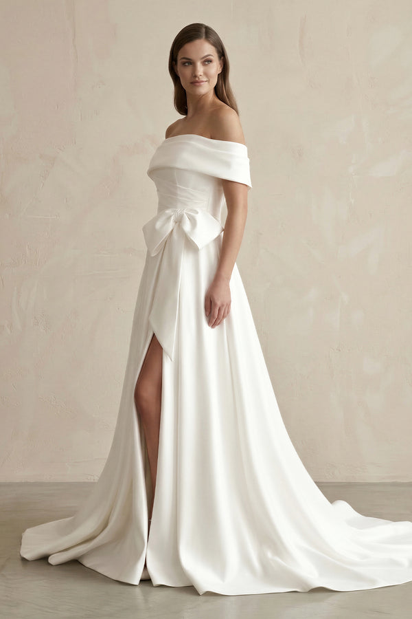 White Satin Off-the-Shoulder Bow A-Line Wedding Dress with Slit – Wedding Dresses by KissProm | Available at KissProm