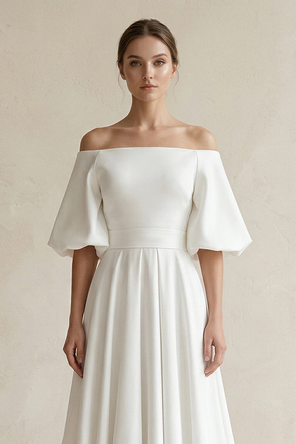 Off - the - Shoulder A - Line Satin Wedding Dress With Short Sleeves in White - KissProm Wedding Dresses
