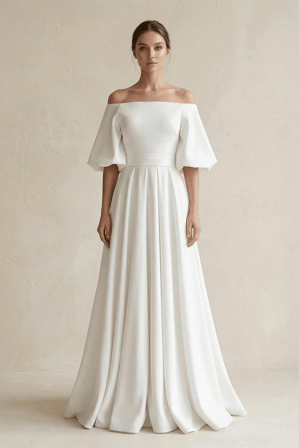 Off - the - Shoulder A - Line Satin Wedding Dress With Short Sleeves in White - KissProm Wedding Dresses
