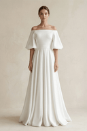 Off - the - Shoulder A - Line Satin Wedding Dress With Short Sleeves in White - KissProm Wedding Dresses