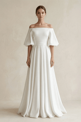 Off - the - Shoulder A - Line Satin Wedding Dress With Short Sleeves in White - KissProm Wedding Dresses