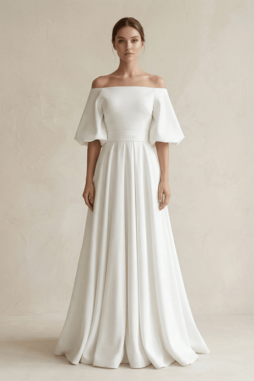 Off - the - Shoulder A - Line Satin Wedding Dress With Short Sleeves in White - KissProm Wedding Dresses