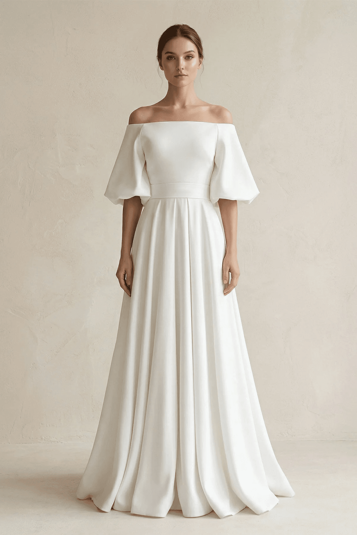 KissProm Off-the-Shoulder A-Line Satin Wedding Dress With Short Sleeves in White, White / 18