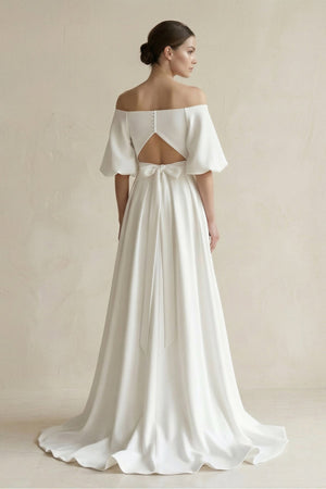 Off - the - Shoulder A - Line Satin Wedding Dress With Short Sleeves in White - KissProm Wedding Dresses