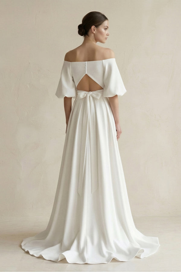 Off - the - Shoulder A - Line Satin Wedding Dress With Short Sleeves in White - KissProm Wedding Dresses