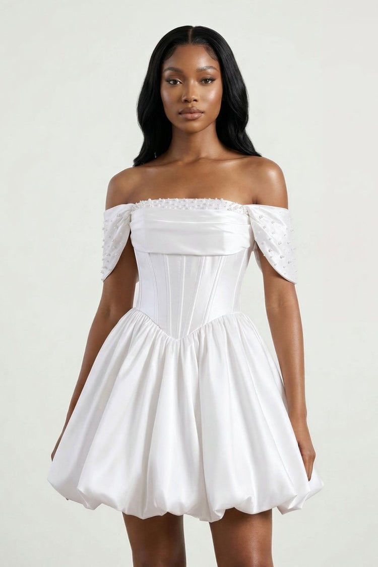 a line graduation dress KissProm White Off-the-Shoulder A-Line Taffeta Corset Dress, White / 18 An enchanting bowknot detail adds a touch of charm and personality to your look A-line Off-the-shoulder Beaded Homecoming Dress