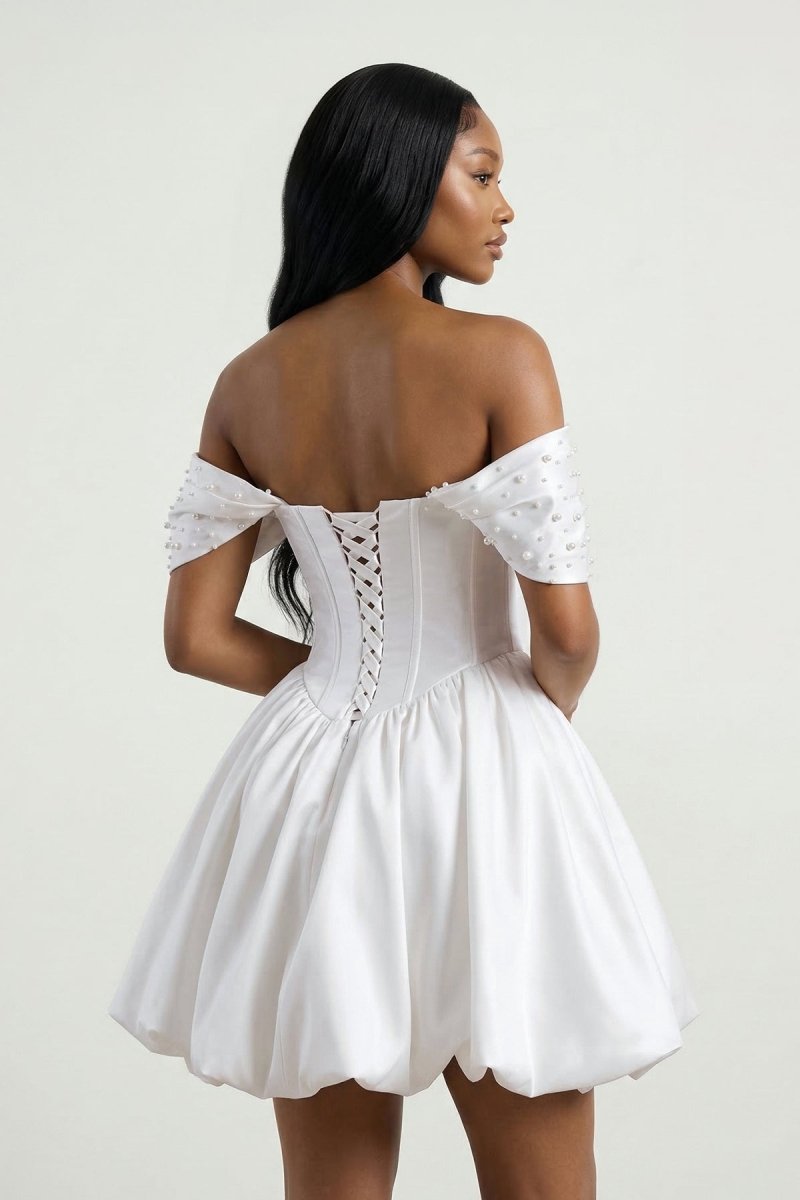 KissProm White Off-the-Shoulder A-Line Taffeta Corset Graduation Dress, White / 18