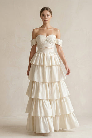 Off - the - Shoulder A - Line Tiered Chiffon Wedding Dress in Ivory - KissProm Wedding Dresses