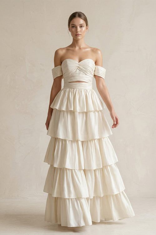 Off - the - Shoulder A - Line Tiered Chiffon Wedding Dress in Ivory - KissProm Wedding Dresses