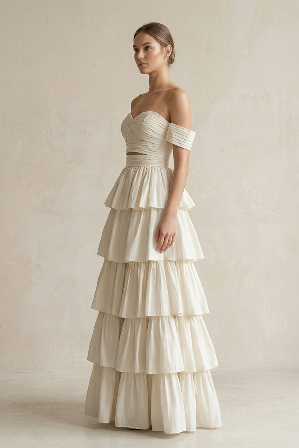 Off - the - Shoulder A - Line Tiered Chiffon Wedding Dress in Ivory - KissProm Wedding Dresses