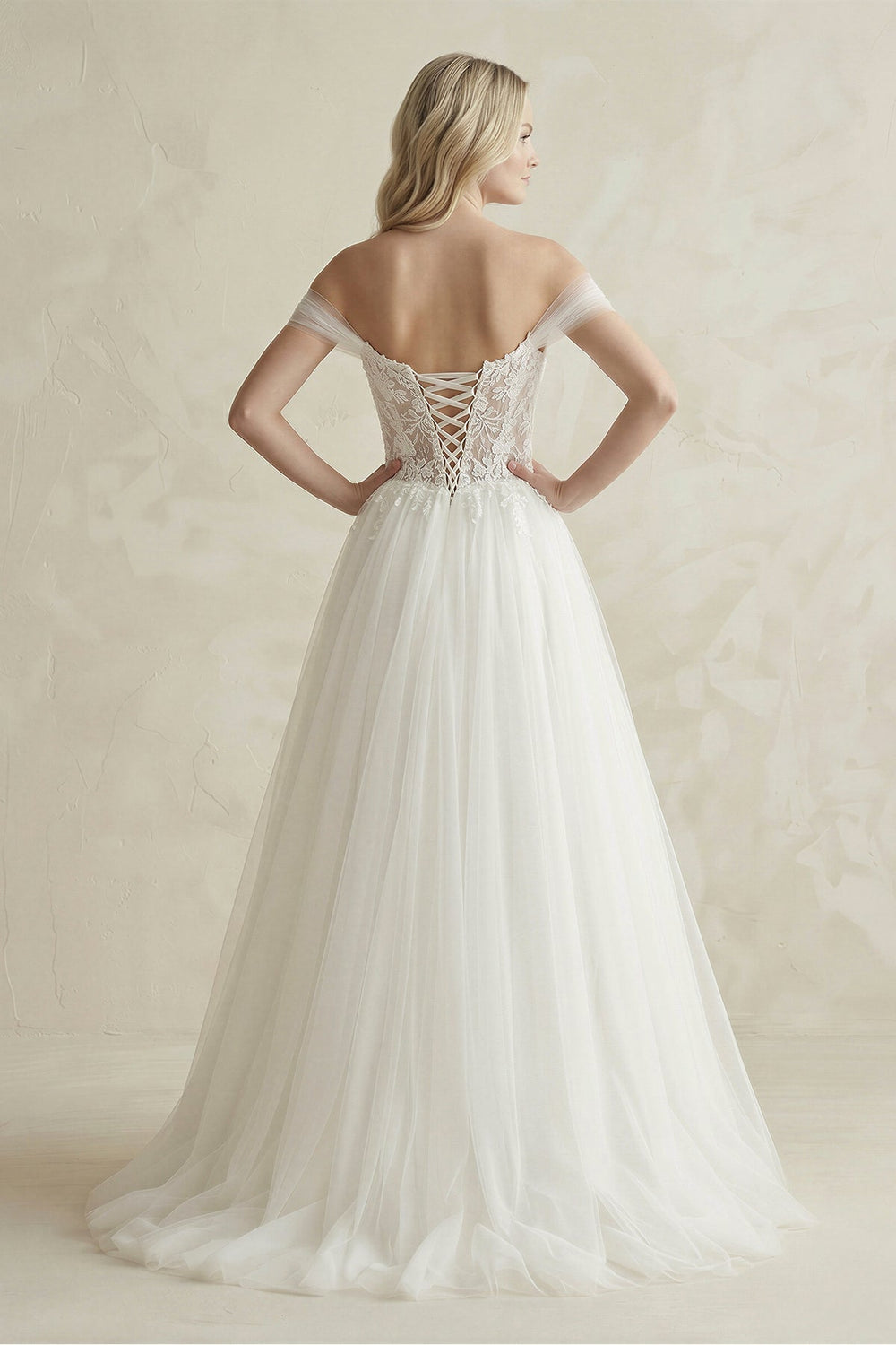 Off - the - Shoulder A - Line Tulle Appliqued Wedding Dress in White - KissProm Wedding Dresses