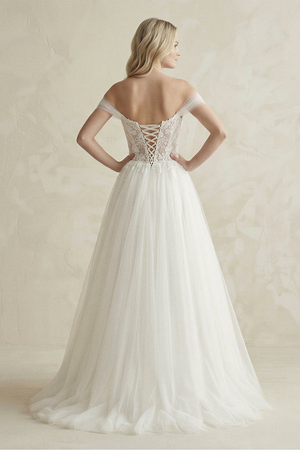 Off - the - Shoulder A - Line Tulle Appliqued Wedding Dress in White - KissProm Wedding Dresses