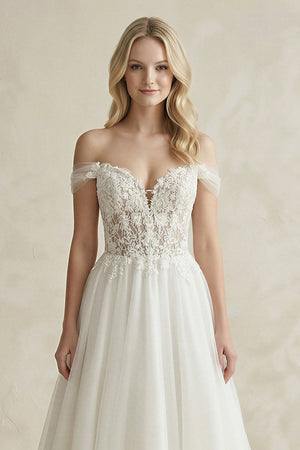 Off - the - Shoulder A - Line Tulle Appliqued Wedding Dress in White - KissProm Wedding Dresses
