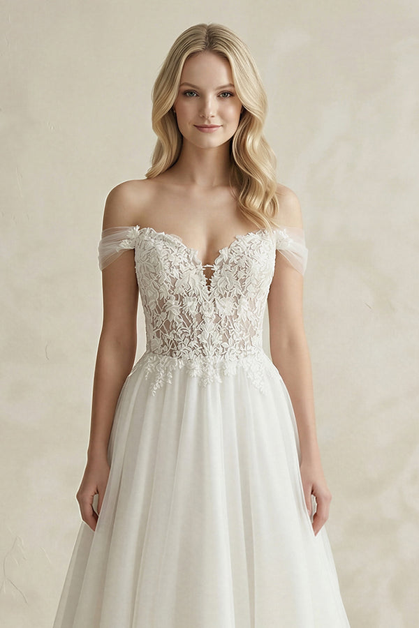 Off - the - Shoulder A - Line Tulle Appliqued Wedding Dress in White - KissProm Wedding Dresses