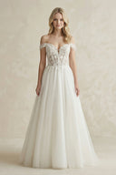 Off - the - Shoulder A - Line Tulle Appliqued Wedding Dress in White - KissProm Wedding Dresses