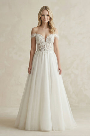 Off - the - Shoulder A - Line Tulle Appliqued Wedding Dress in White - KissProm Wedding Dresses
