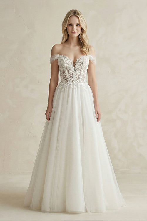 Off - the - Shoulder A - Line Tulle Appliqued Wedding Dress in White - KissProm Wedding Dresses