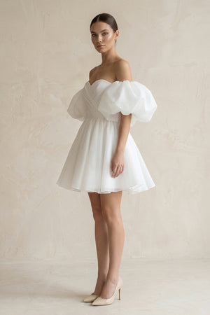 Off - the - Shoulder A - Line Tulle Mini Wedding Dress in White - KissProm Wedding Dresses