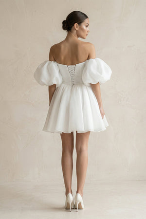 Off - the - Shoulder A - Line Tulle Mini Wedding Dress in White - KissProm Wedding Dresses