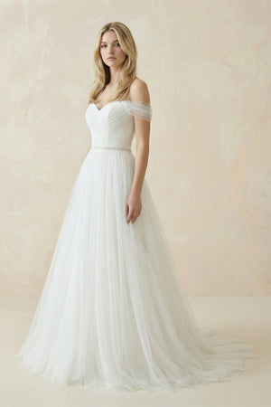 Off-The-Shoulder Tulle Ball Gown Sweep Train Dress – Wedding Dresses by KissProm | Available at KissProm