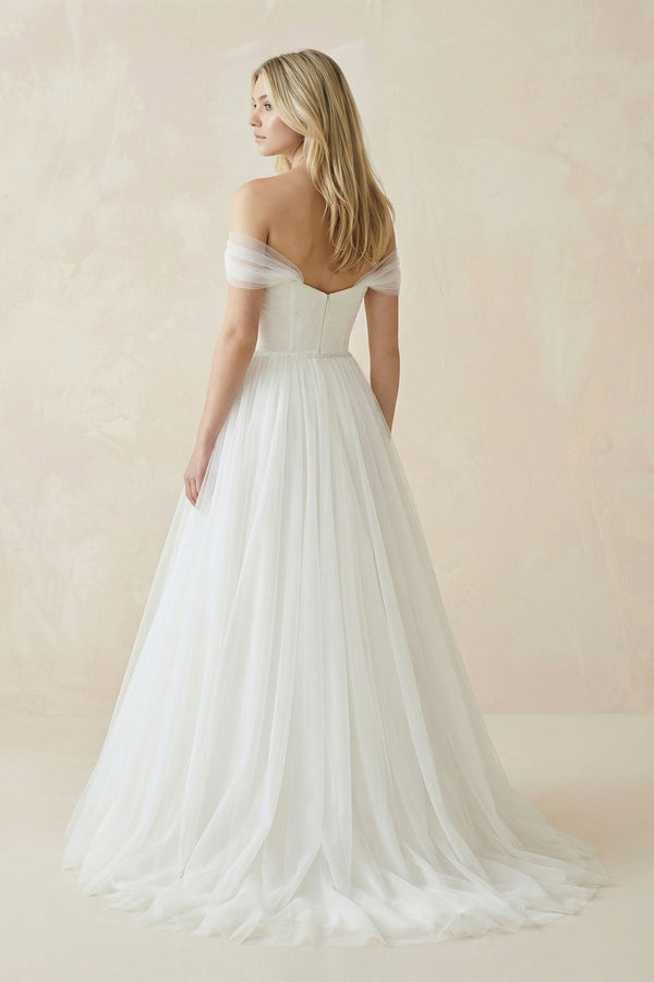 Off-The-Shoulder Tulle Ball Gown Sweep Train Dress – Wedding Dresses by KissProm | Available at KissProm