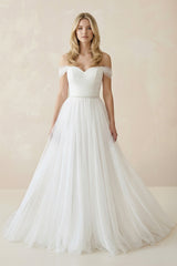 Off-The-Shoulder Tulle Ball Gown Sweep Train Dress – Wedding Dresses by KissProm | Available at KissProm