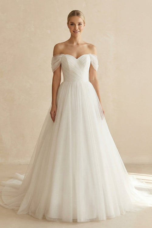 Off - the - Shoulder A - Line Tulle Wedding Dress in White - KissProm Wedding Dresses