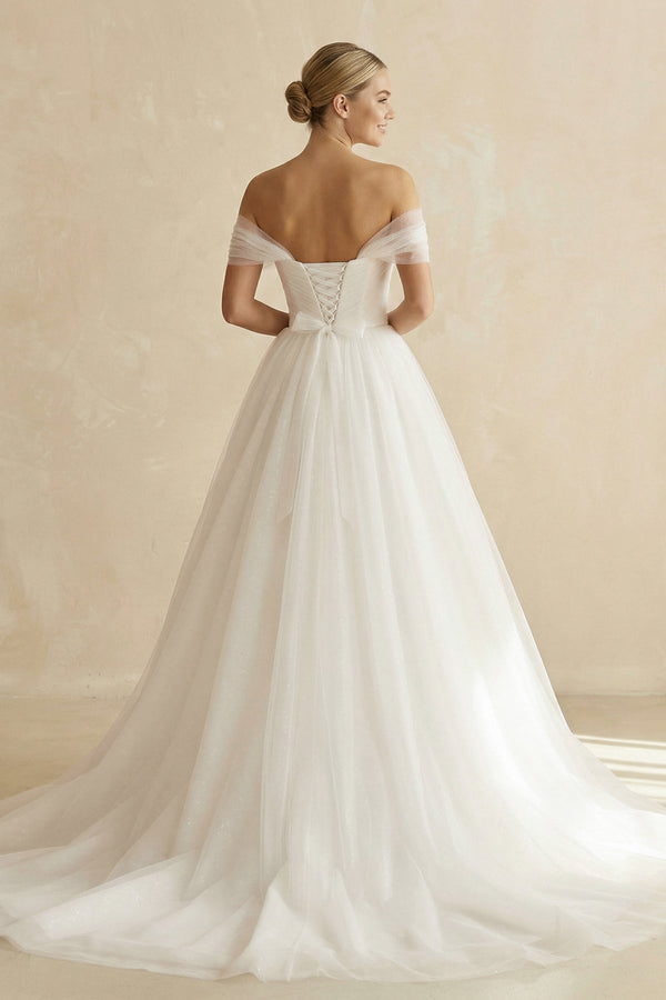 Off - the - Shoulder A - Line Tulle Wedding Dress in White - KissProm Wedding Dresses