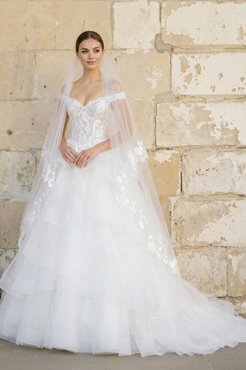 Off The Shoulder A Line Tulle Wedding Dress in White - KissProm Wedding Dresses
