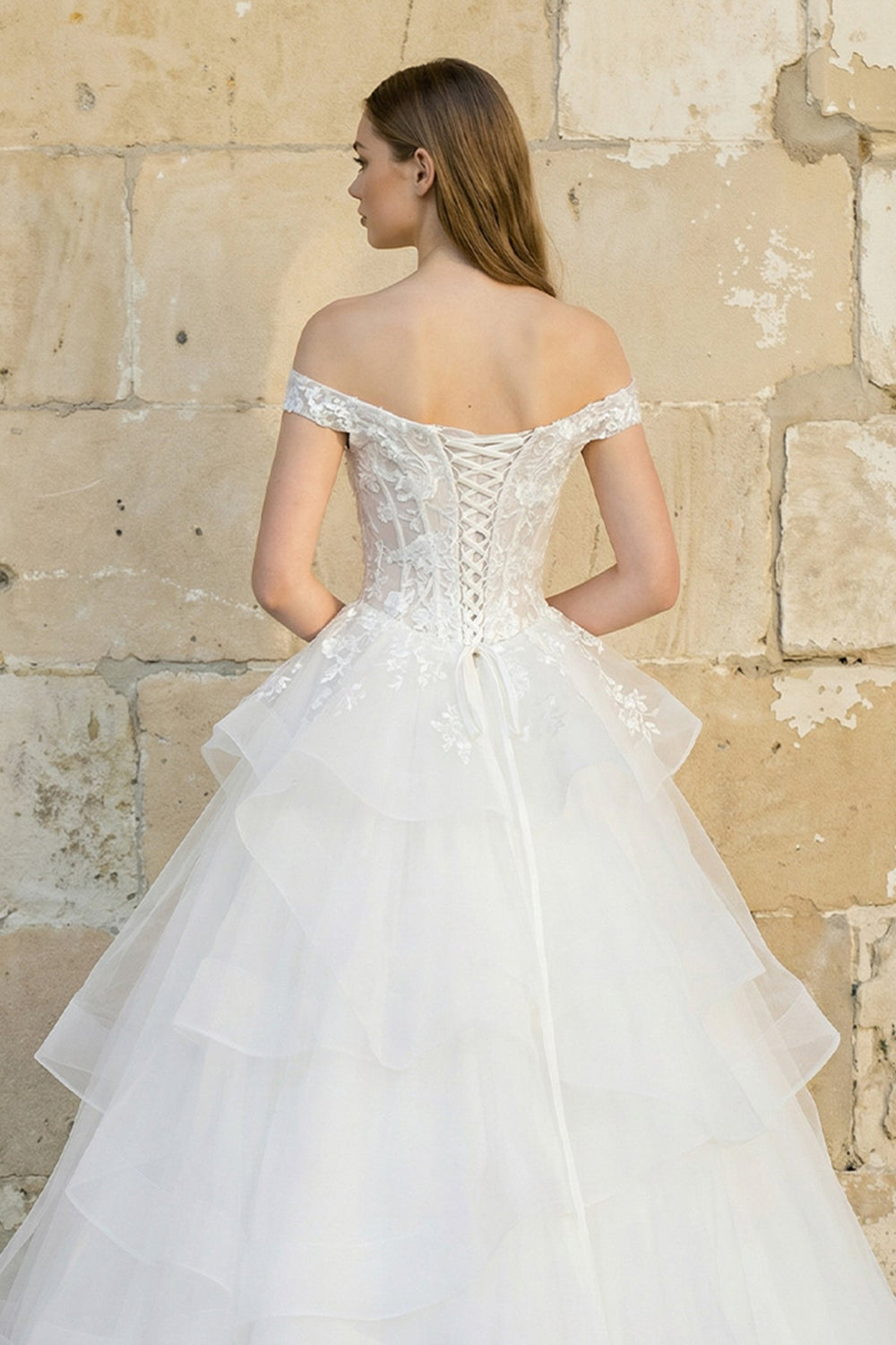 Off The Shoulder A Line Tulle Wedding Dress in White - KissProm Wedding Dresses