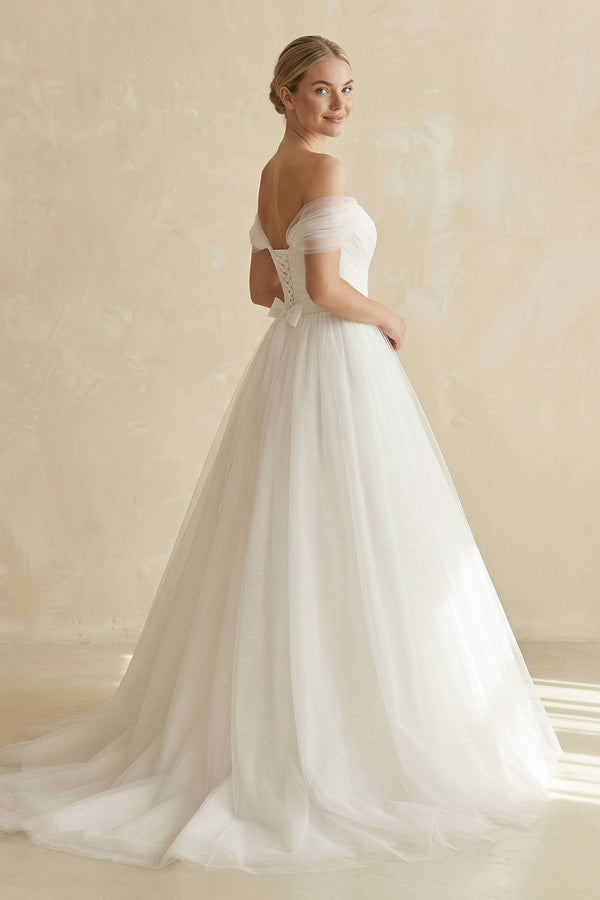Off - the - Shoulder A - Line Tulle Wedding Dress in White - KissProm Wedding Dresses