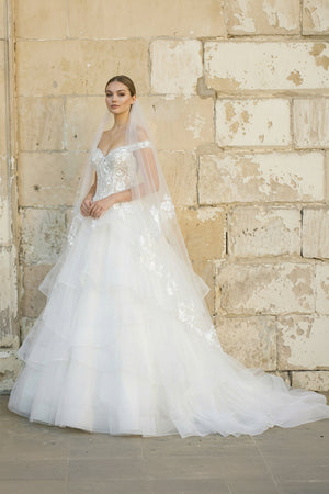 Off The Shoulder A Line Tulle Wedding Dress in White - KissProm Wedding Dresses