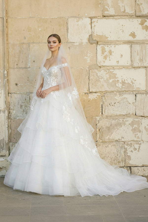 Off The Shoulder A Line Tulle Wedding Dress in White - KissProm Wedding Dresses