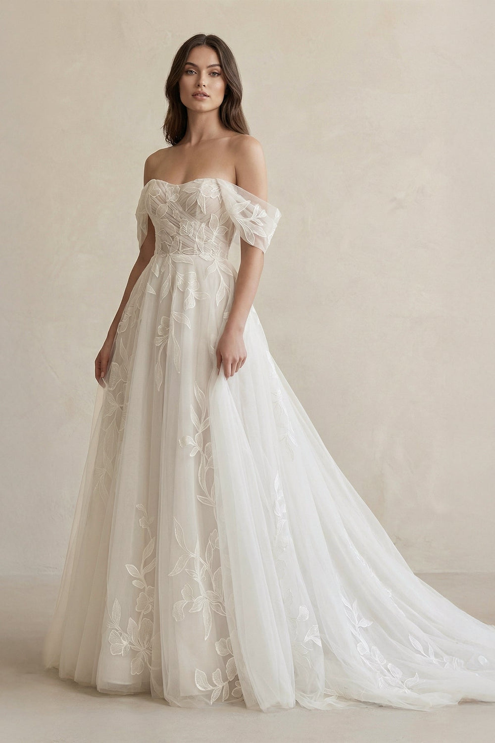 Off The Shoulder A Line Tulle Wedding Dress With Appliques in Ivory - KissProm Wedding Dresses