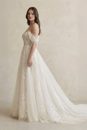 Off The Shoulder A Line Tulle Wedding Dress With Appliques in Ivory - KissProm Wedding Dresses