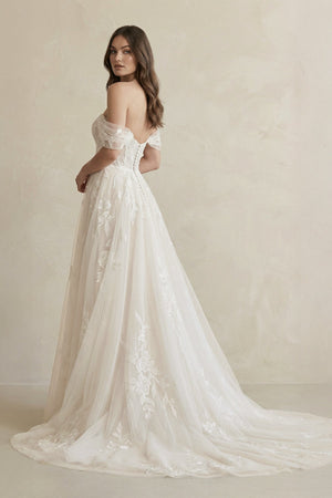 Off The Shoulder A Line Tulle Wedding Dress With Appliques in Ivory - KissProm Wedding Dresses
