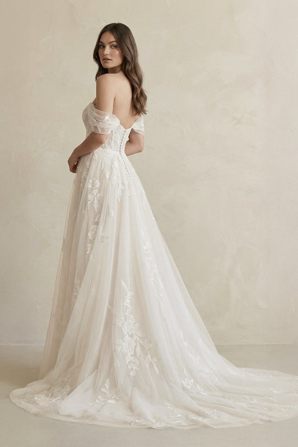 Off The Shoulder A Line Tulle Wedding Dress With Appliques in Ivory - KissProm Wedding Dresses