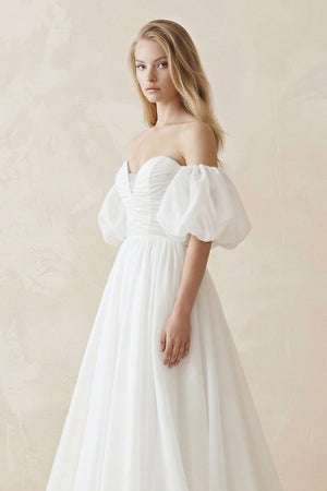 Off - the - Shoulder A - Line Tulle Wedding Dress With Puff Sleeves in White - KissProm Wedding Dresses