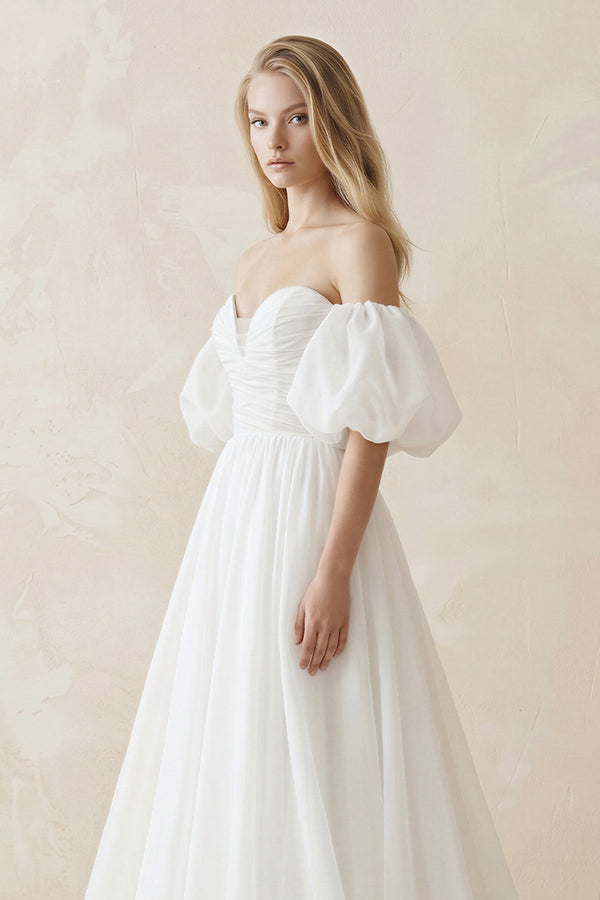 Off - the - Shoulder A - Line Tulle Wedding Dress With Puff Sleeves in White - KissProm Wedding Dresses
