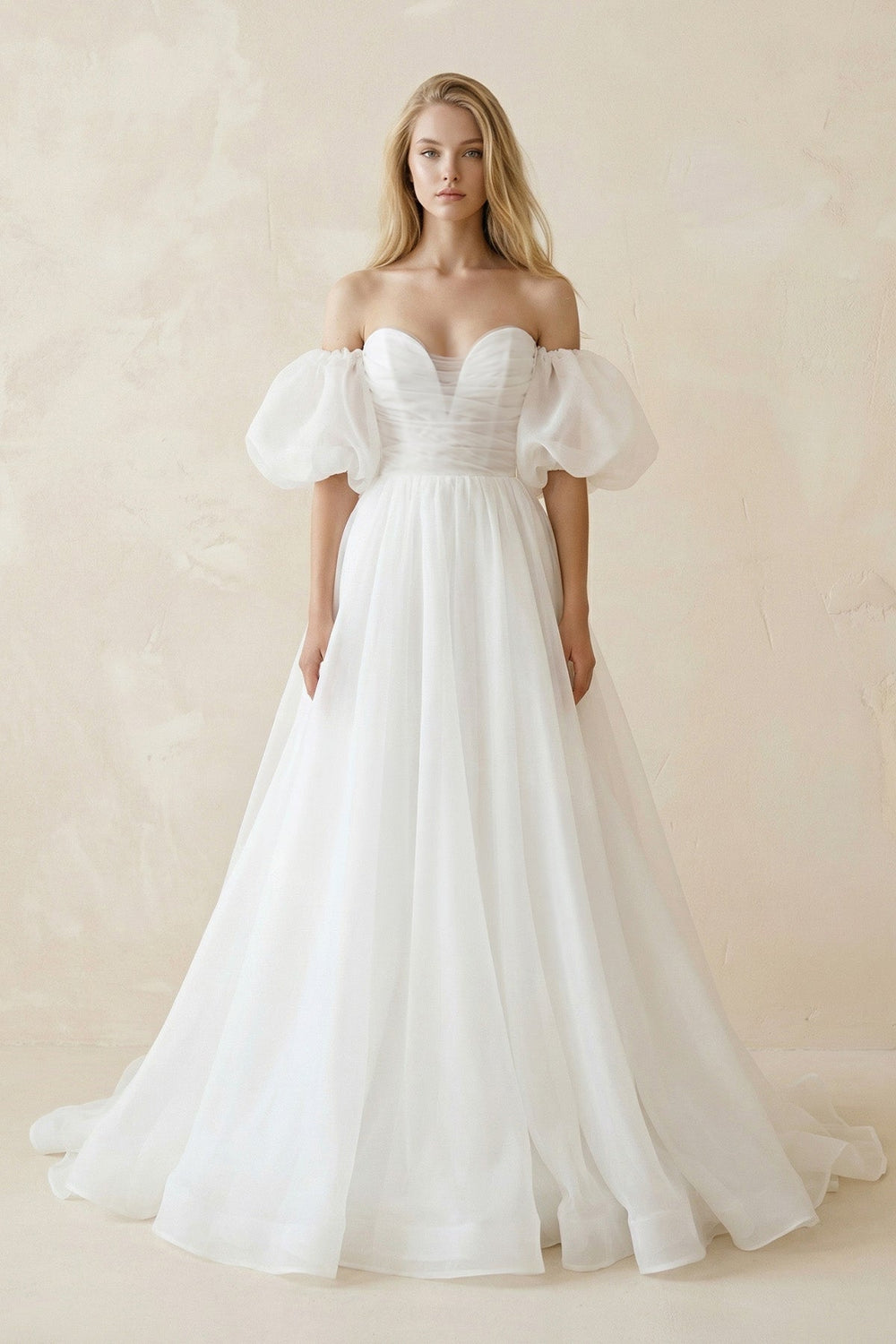 Off - the - Shoulder A - Line Tulle Wedding Dress With Puff Sleeves in White - KissProm Wedding Dresses