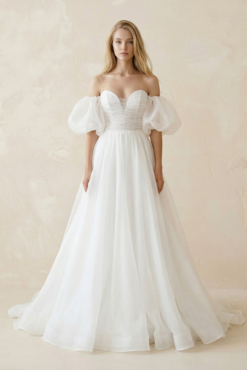 Off - the - Shoulder A - Line Tulle Wedding Dress With Puff Sleeves in White - KissProm Wedding Dresses