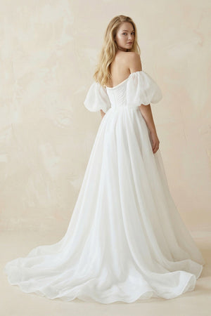 Off - the - Shoulder A - Line Tulle Wedding Dress With Puff Sleeves in White - KissProm Wedding Dresses