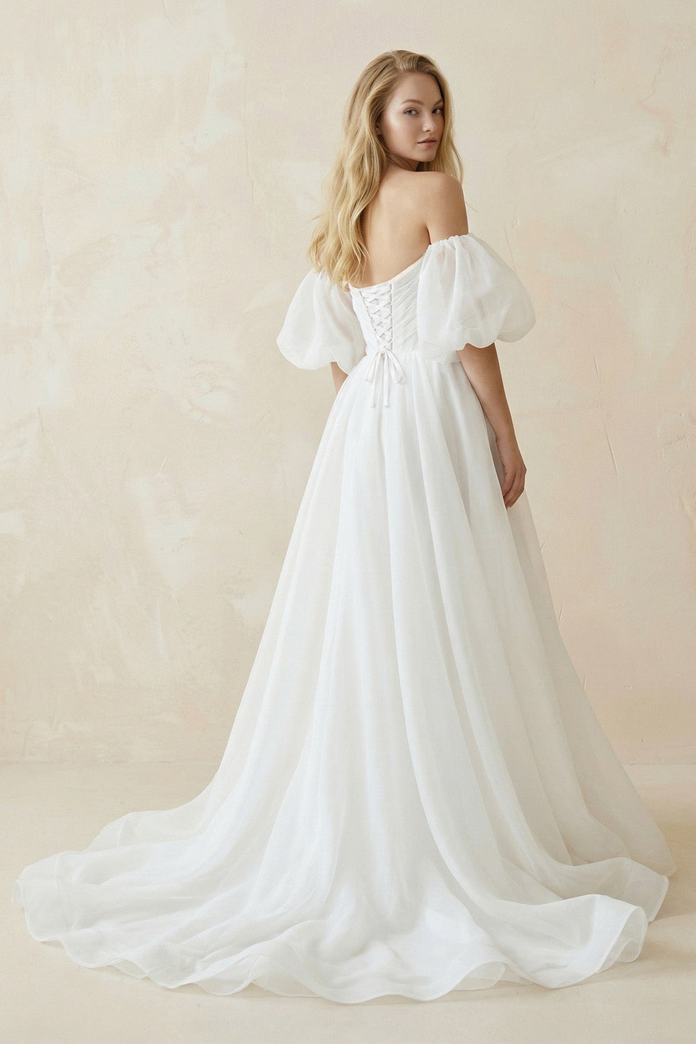 Off - the - Shoulder A - Line Tulle Wedding Dress With Puff Sleeves in White - KissProm Wedding Dresses