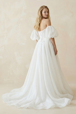 Off - the - Shoulder A - Line Tulle Wedding Dress With Puff Sleeves in White - KissProm Wedding Dresses